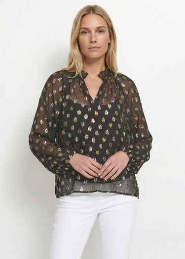 Blouse voile motifs métallisés encolure V Noir