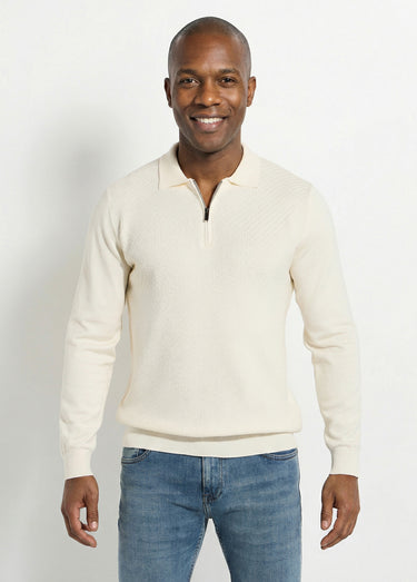 Pull col polo zippé, maille chevrons Blanc