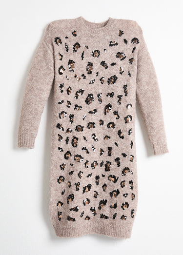 Robe pull col rond motifs animaliers en sequins Beige/Noir