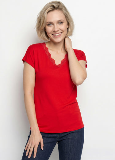 T-shirt court extensible dentelle Rouge