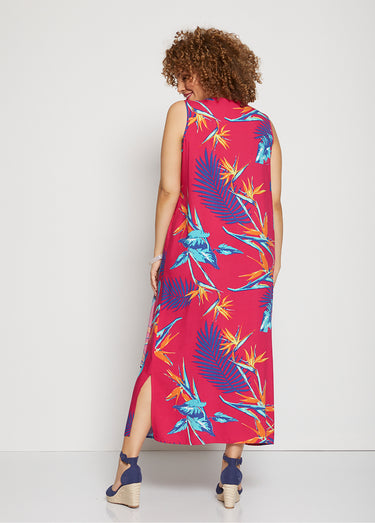 Robe mi-longue sans manches motif végétal Fond Framboise