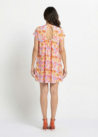 Robe fleurie, détail dos forme  goutte Orange/Violet