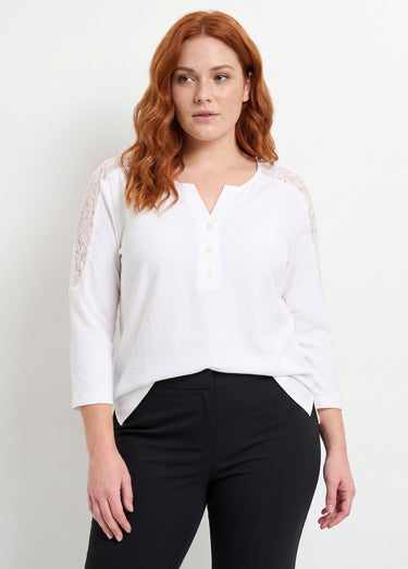 Tunique manches 3/4 col V boutonné dentelle Ecru