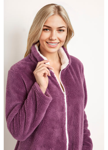 Peignoir court zippé col montant maille peluche Prune