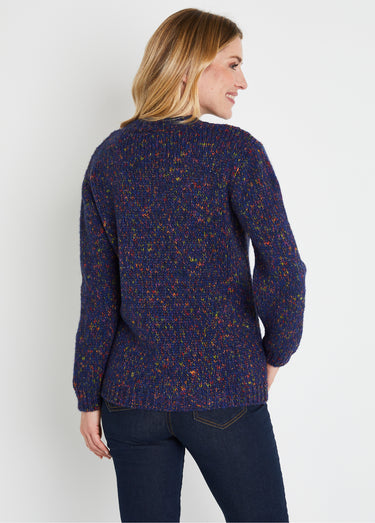 Pull chaud mouliné col rond avec laine et mohair Marine/Fuchsia