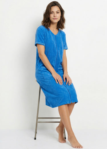 Peignoir de bain éponge coton uni zippé Bleu