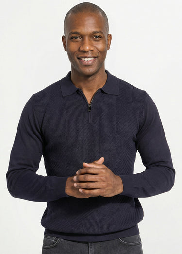 Pull col polo zippé, maille chevrons Marine