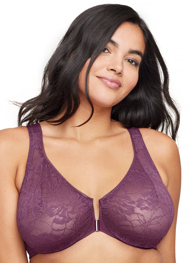 Soutien-gorge WonderWire Dentelle Dos Nageur à Fermeture Frontale, Spécial Grandes Tailles n°9246 Prune