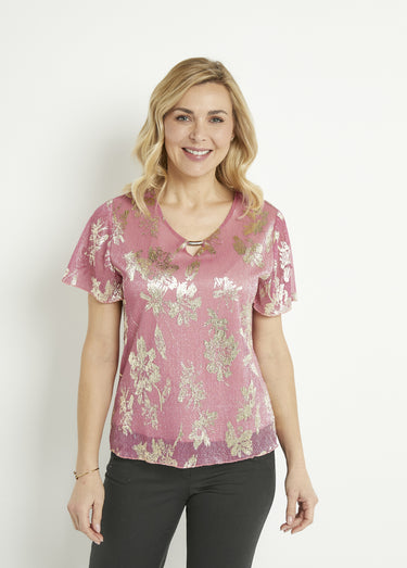 T-shirt court imprimé feuillage doré Rose