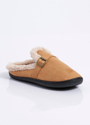 Mules suédine fourrées, antidérapantes Camel