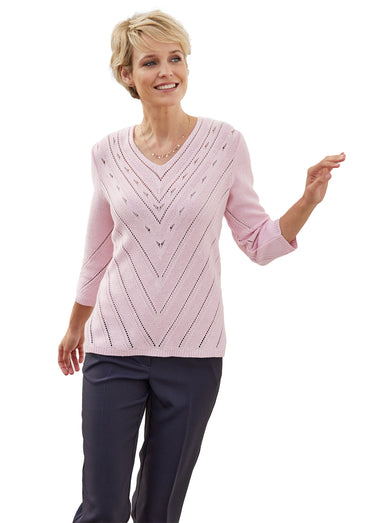 Pull encolure V motifs ajourés Rose