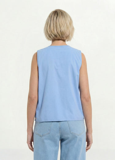 Gilet brodé sans manches toile coton Bleu / Écru