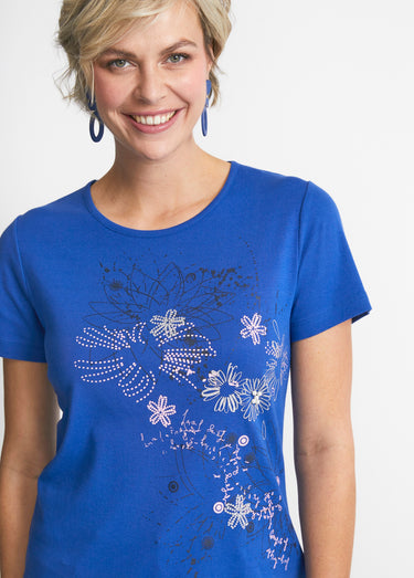 T-shirt long motif fleuri fentes côtés Bleu