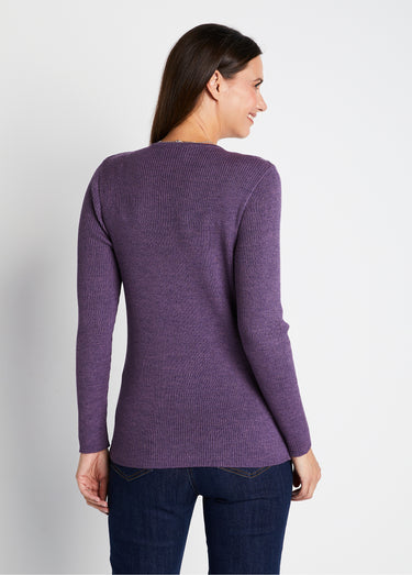 Pull encolure tunisienne avec laine mérinos Raye Prune/Rose
