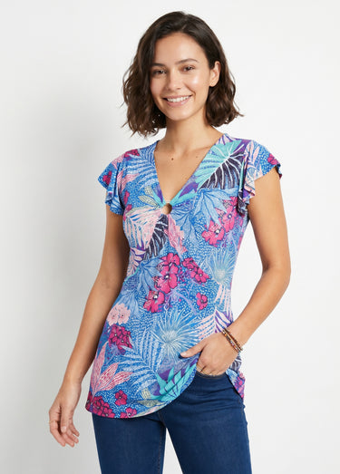 T-shirt long évasé col V drapé Bleu/Fuchsia