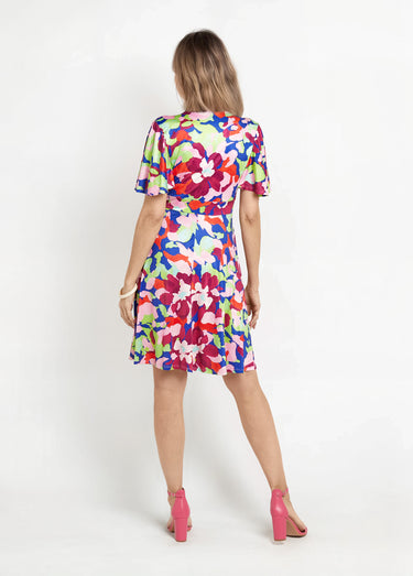 Robe cache-cœur manches papillon motif arty Rose imprimé