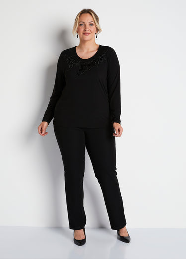 T-shirt court col rond résille brodé strass Noir