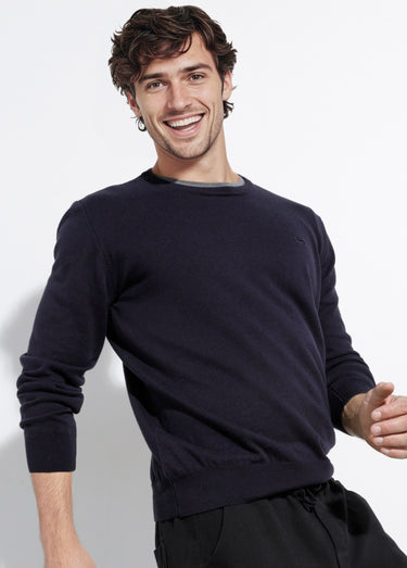 Pull fin coton, col rond manches longues Bleu Marine