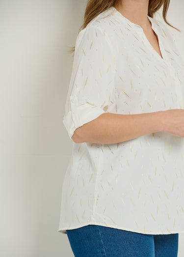 Tunique motifs col V boutonné manches 3/4 Blanc