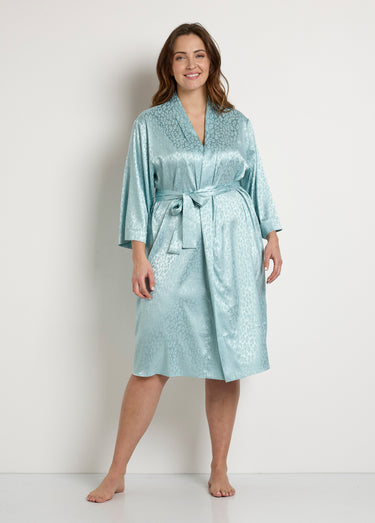 Peignoir kimono satiné mi long imprimé léopard Menthe