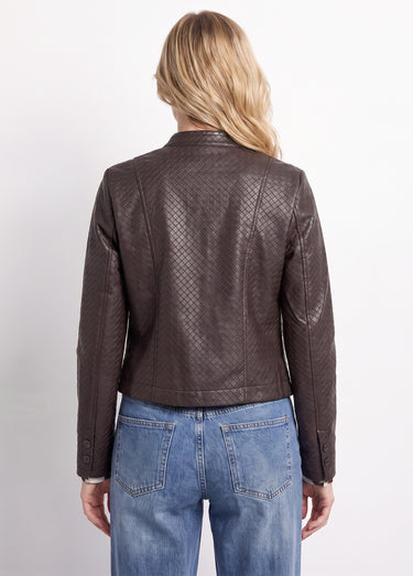 Veste col rond chic, simili cuir tressé Chocolat