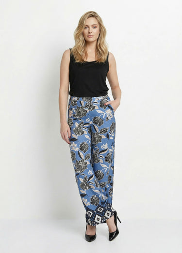 Pantalon satiné, motif fleurs d'Orient Bleu Imprime