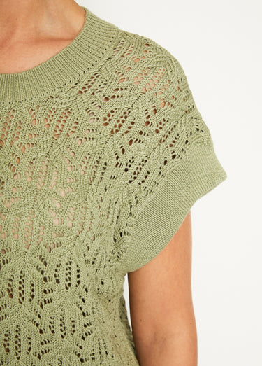 Pull maille ajourée manches courtes Kaki