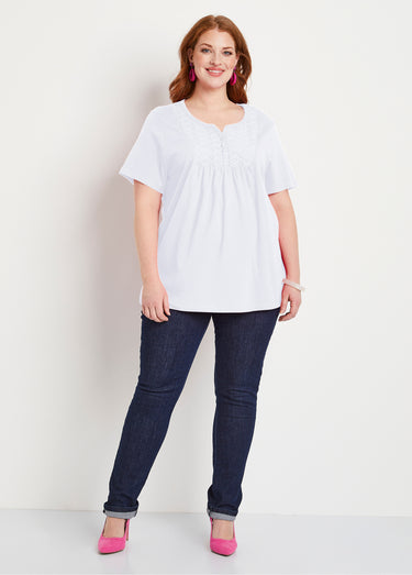 T-shirt long boutonné broderie anglaise Blanc