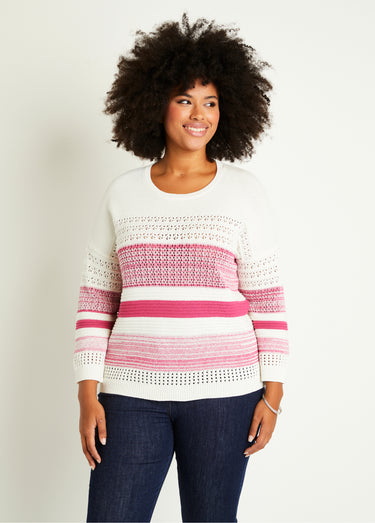 Pull ajouré manches 3/4 coton Fuchsia