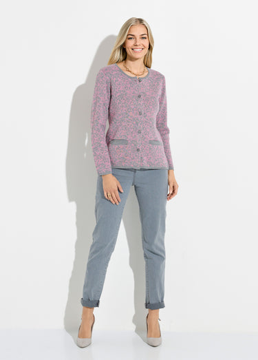 Gilet cardigan boutonné jacquard col rond Rose/Gris