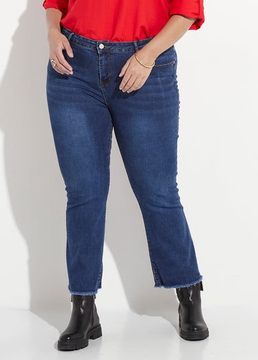 Jean 5 poches stretch 7/8e bas effiloché Bleu Stone