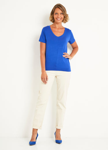 T-shirt fluide col V manches courtes Bleu Vif