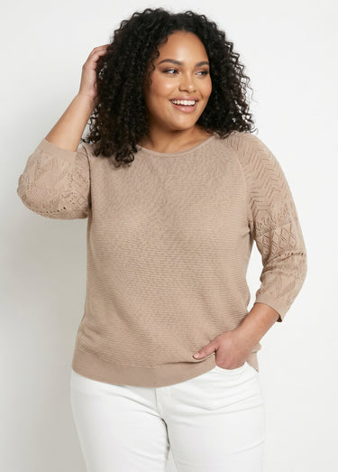 Pull léger manches 3/4 raglan col rond Beige