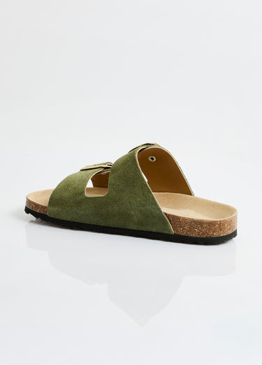 Mules ergonomiques compensées cuir à boucles Kaki
