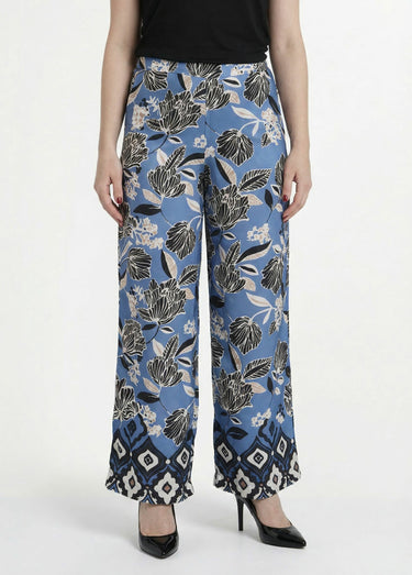 Pantalon satiné, motif fleurs d'Orient Bleu Imprime