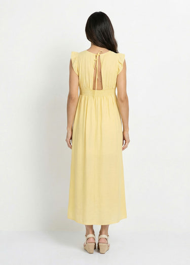 Robe longue encolure V + dos nu et liens Jaune