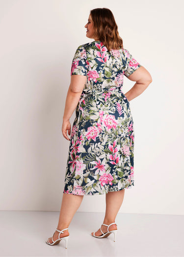 Robe boutonnée mi longue imprimée Marine/Fuchsia