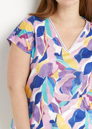 T-shirt court col V brillant imprimé Parme/Jaune