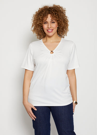 T-shirt maille crêpe extensible bijou Uni Blanc