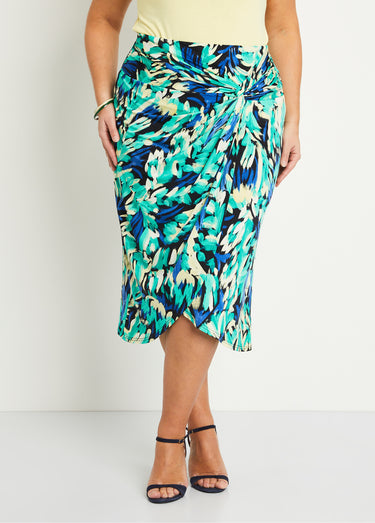 Jupe longue droite effet portefeuille maille Bleu/Vert