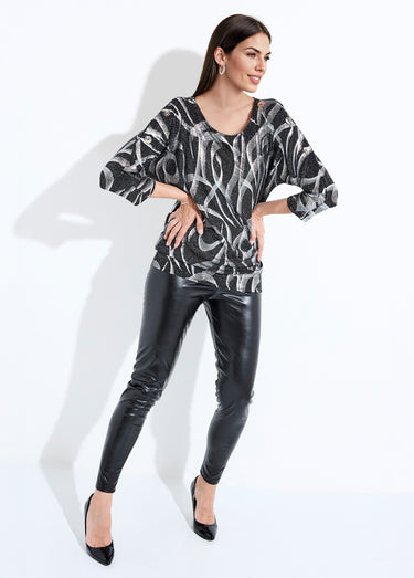T-shirt long blousant maille pailletée Noir/Argent