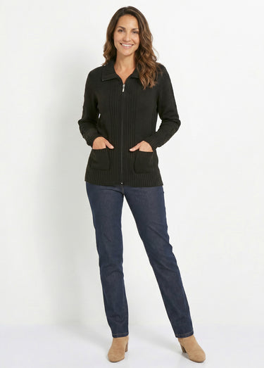 Gilet zippé uni mi-long maille épaisse Noir