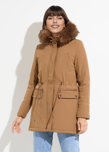 Parka chaude fourrure capuche amovible Camel