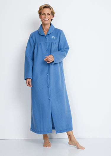 Peignoir boutonné long molleton brodé col châle Bleu