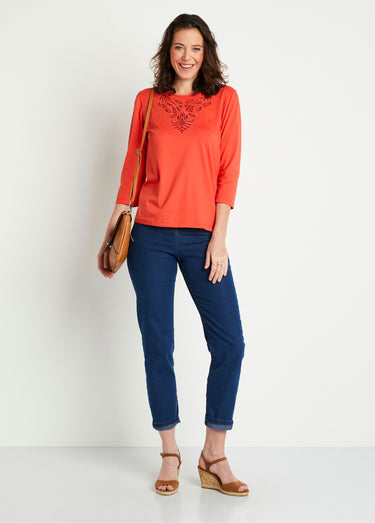 T-shirt court brodé manches 3/4 Orange