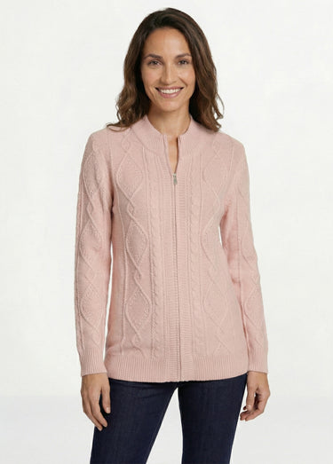 Gilet zippé chaud col montant torsades Rose