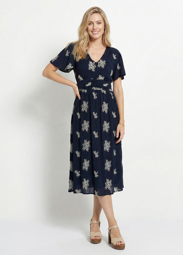 Robe longue brodée col V Marine / Blanc