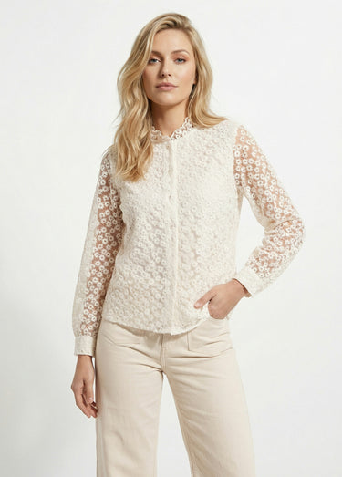 Chemisier en tulle rebrodé de fleurs Ecru