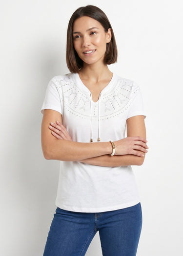 T-shirt court uni clouté maille flammée Blanc Casse