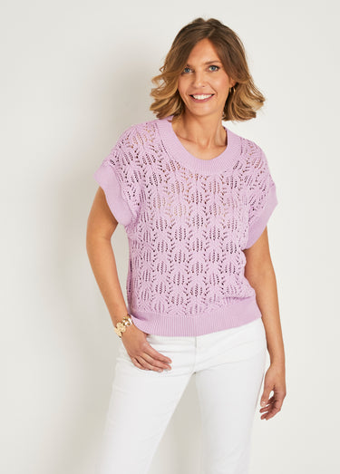 Pull maille ajourée manches courtes Lilas